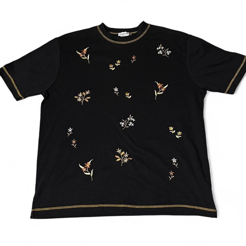 BonWorth Cottagecore Black Floral Embroidered Natural Tones T-Shirt Size Medium